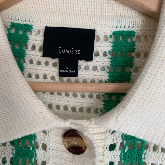 Women's Ivory Green Stripe Crochet Button-Down Sweater - NWOT - Picture 4 of 9